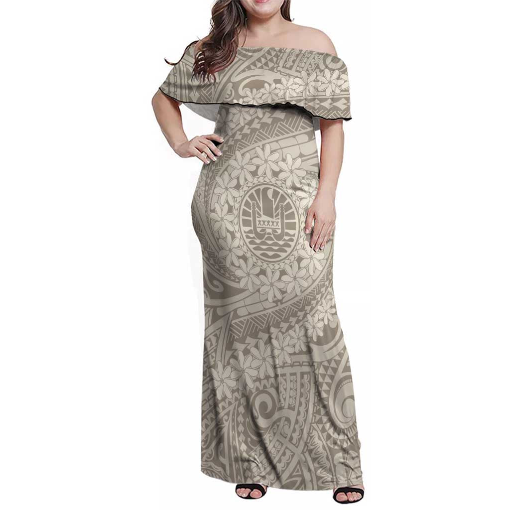 Tahitian Tiare Flower Family Matching Off Shoulder Maxi Dress and Hawaiian Shirt Beige Polynesian Pattern