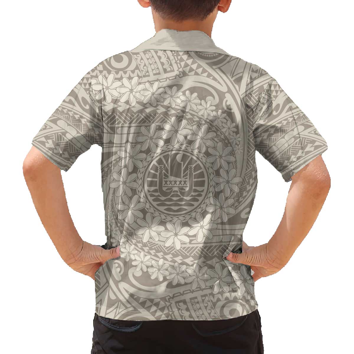 Tahitian Tiare Flower Family Matching Off Shoulder Short Dress and Hawaiian Shirt Beige Polynesian Pattern