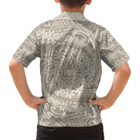 Tahitian Tiare Flower Family Matching Off Shoulder Short Dress and Hawaiian Shirt Beige Polynesian Pattern