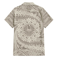 Tahitian Tiare Flower Family Matching Puletasi and Hawaiian Shirt Beige Polynesian Pattern
