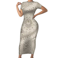 Tahitian Tiare Flower Family Matching Short Sleeve Bodycon Dress and Hawaiian Shirt Beige Polynesian Pattern