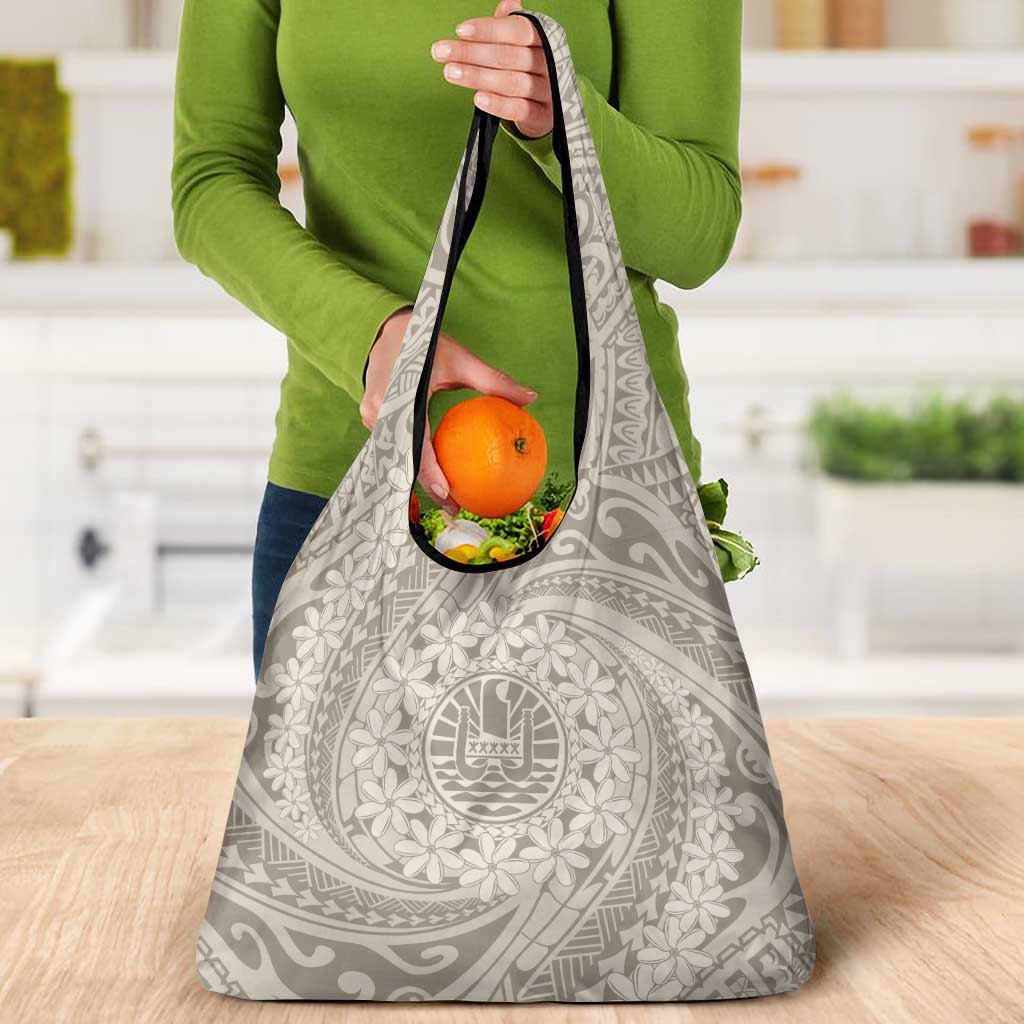 Tahitian Tiare Flower Grocery Bag Beige Polynesian Pattern