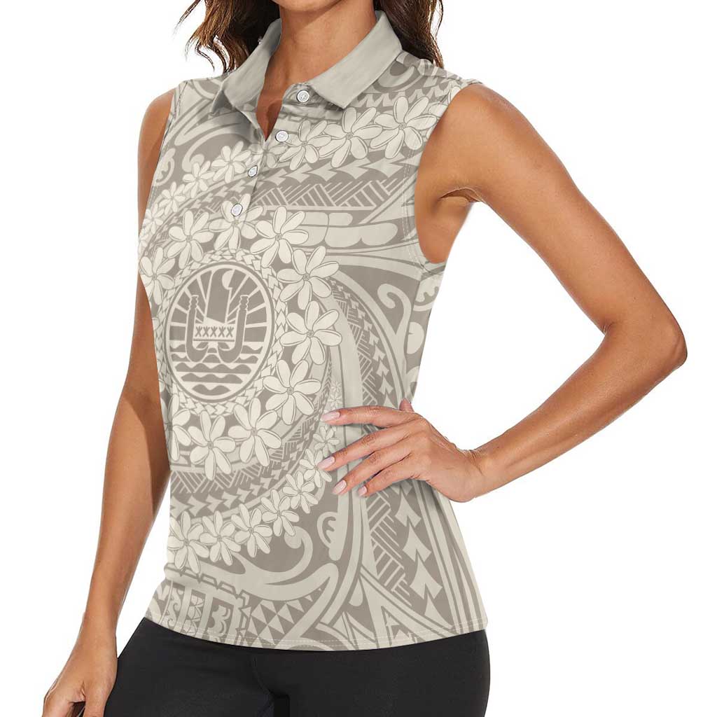 Tahitian Tiare Flower Women Sleeveless Polo Shirt Beige Polynesian Pattern LT9 - Polynesian Pride