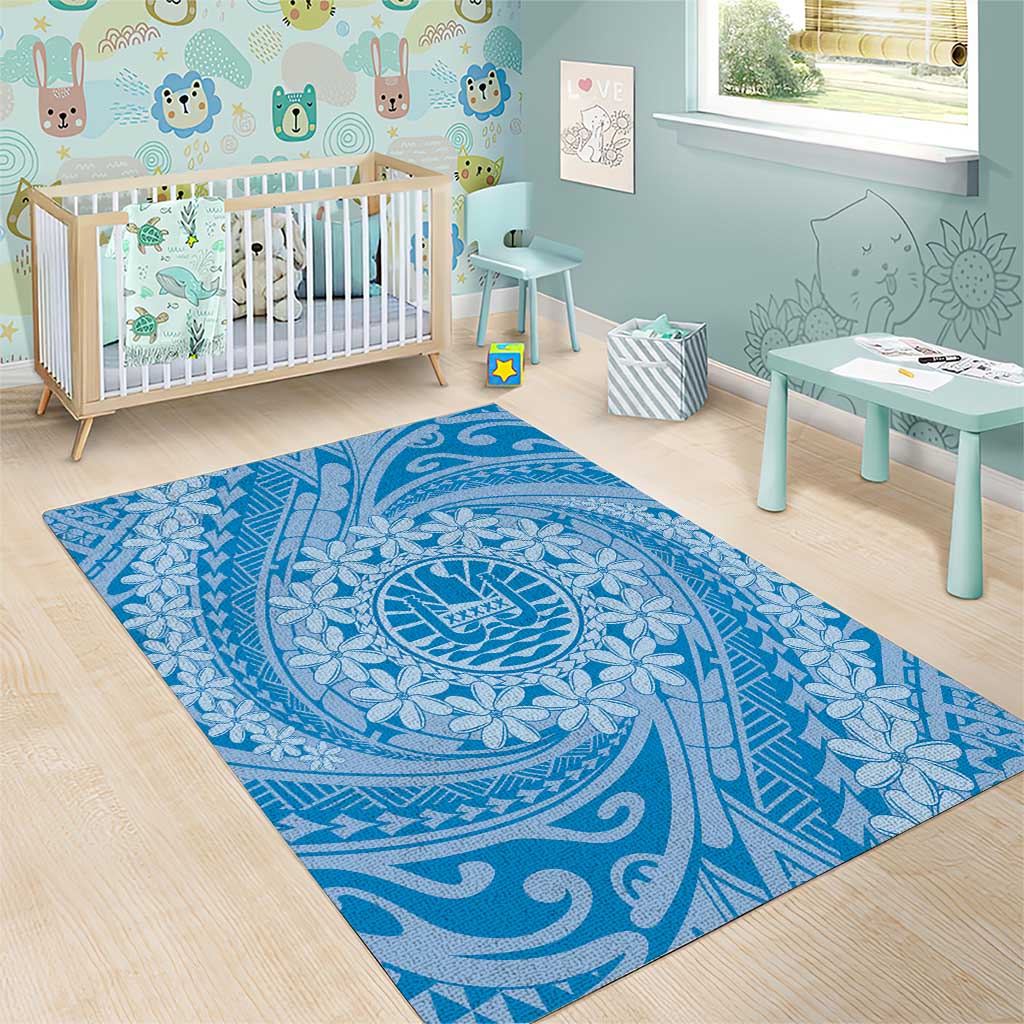 Tahitian Tiare Flower Area Rug Blue Polynesian Pattern