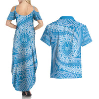Tahitian Tiare Flower Couples Matching Summer Maxi Dress and Hawaiian Shirt Blue Polynesian Pattern