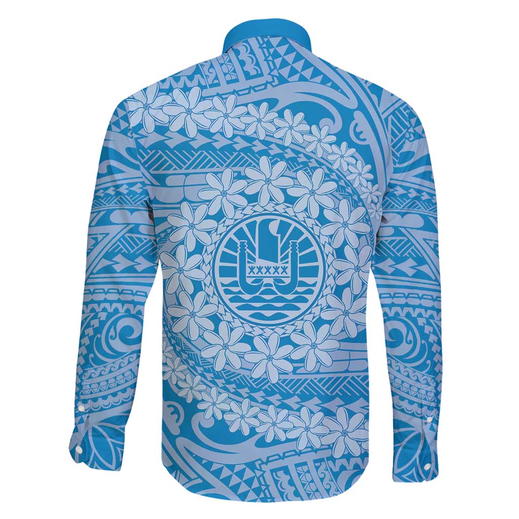 Tahitian Tiare Flower Family Matching Long Sleeve Bodycon Dress and Hawaiian Shirt Blue Polynesian Pattern