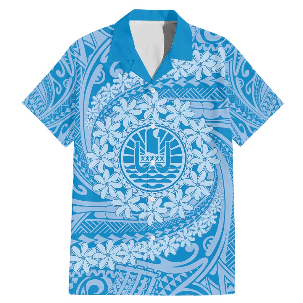 Tahitian Tiare Flower Family Matching Mermaid Dress and Hawaiian Shirt Blue Polynesian Pattern