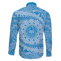 Tahitian Tiare Flower Family Matching Off Shoulder Short Dress and Hawaiian Shirt Blue Polynesian Pattern