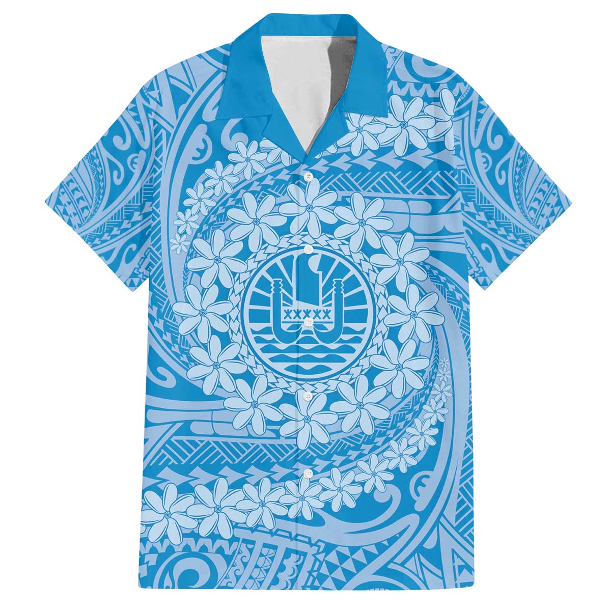 Tahitian Tiare Flower Family Matching Puletasi and Hawaiian Shirt Blue Polynesian Pattern