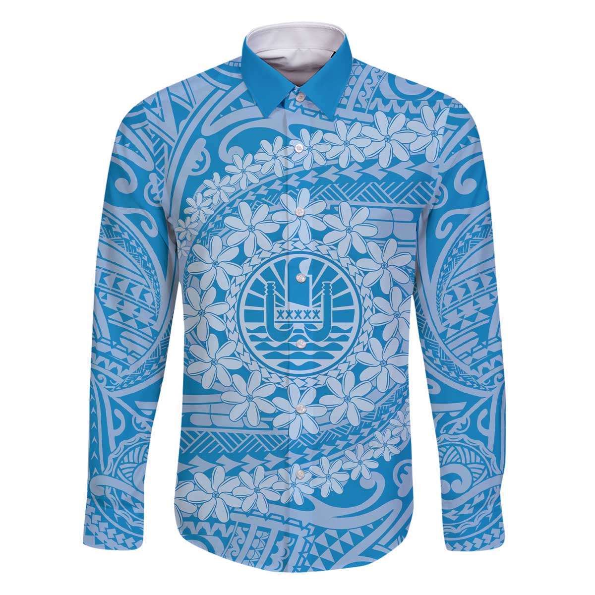 Tahitian Tiare Flower Family Matching Puletasi and Hawaiian Shirt Blue Polynesian Pattern