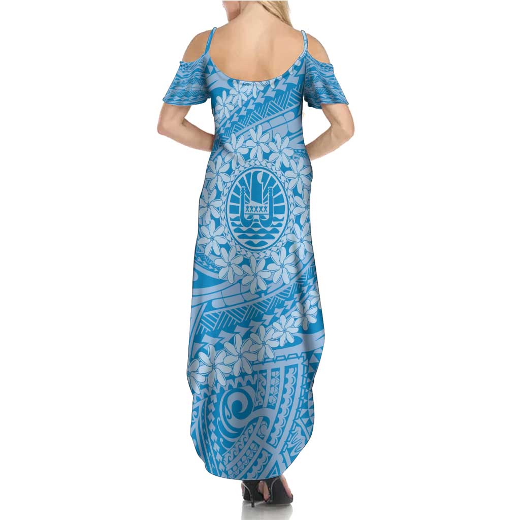 Tahitian Tiare Flower Family Matching Summer Maxi Dress and Hawaiian Shirt Blue Polynesian Pattern