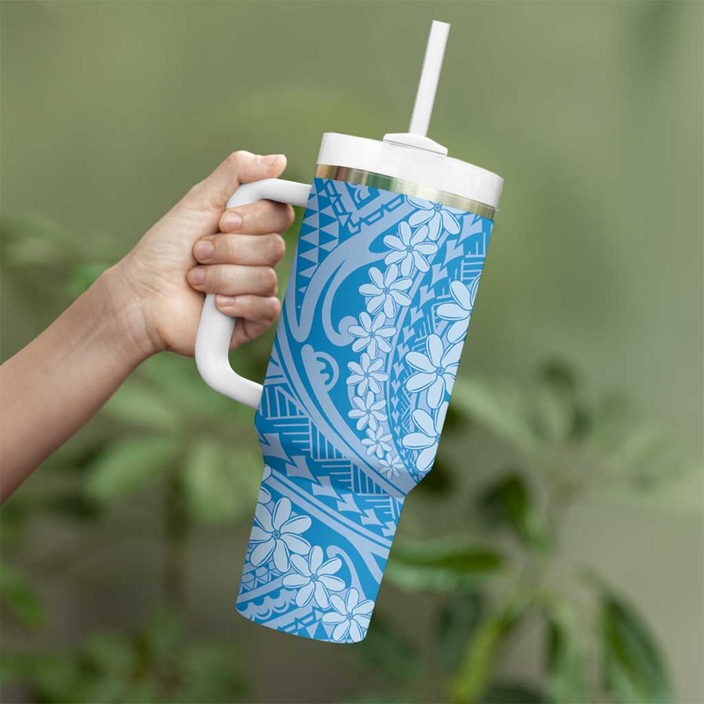 Tahitian Tiare Flower Tumbler With Handle Blue Polynesian Pattern