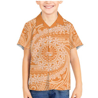 Tahitian Tiare Flower Family Matching Mermaid Dress and Hawaiian Shirt Gold Polynesian Pattern