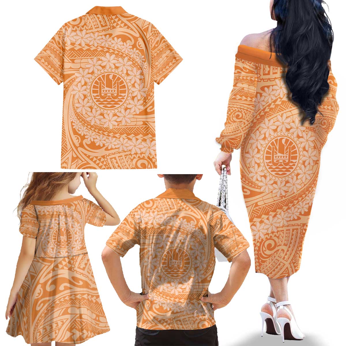 Tahitian Tiare Flower Family Matching Off The Shoulder Long Sleeve Dress and Hawaiian Shirt Gold Polynesian Pattern