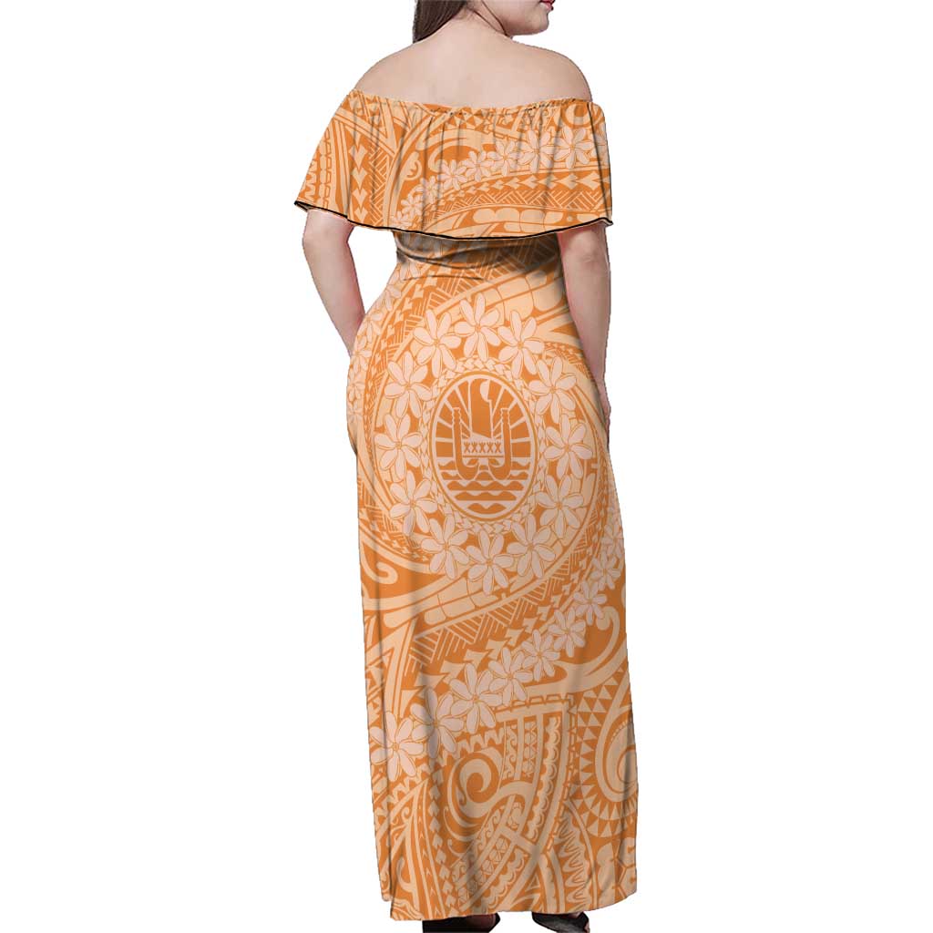 Tahitian Tiare Flower Family Matching Off Shoulder Maxi Dress and Hawaiian Shirt Gold Polynesian Pattern