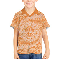 Tahitian Tiare Flower Family Matching Off Shoulder Short Dress and Hawaiian Shirt Gold Polynesian Pattern