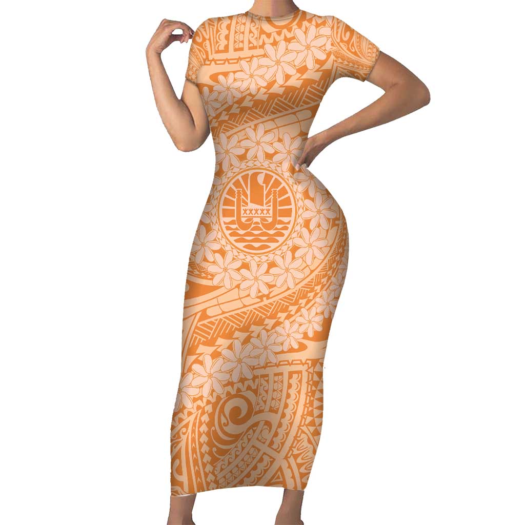 Tahitian Tiare Flower Family Matching Short Sleeve Bodycon Dress and Hawaiian Shirt Gold Polynesian Pattern