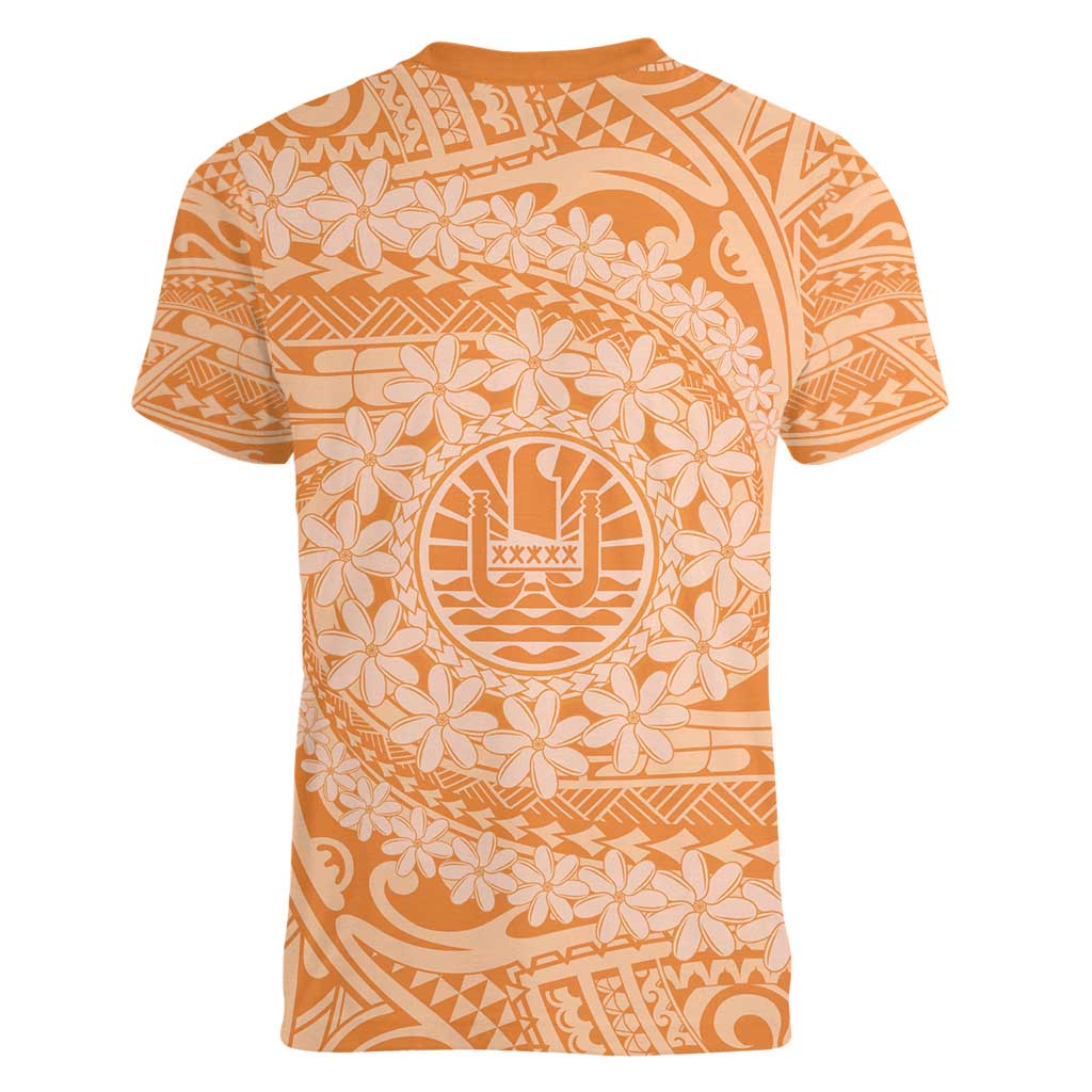 Tahitian Tiare Flower Women V-Neck T-Shirt Gold Polynesian Pattern