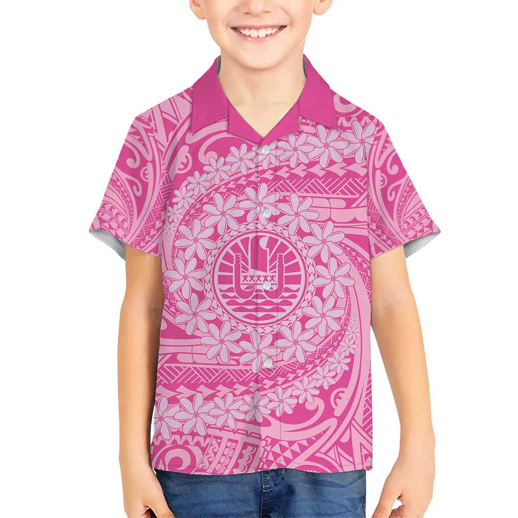 Tahitian Tiare Flower Family Matching Long Sleeve Bodycon Dress and Hawaiian Shirt Pink Polynesian Pattern