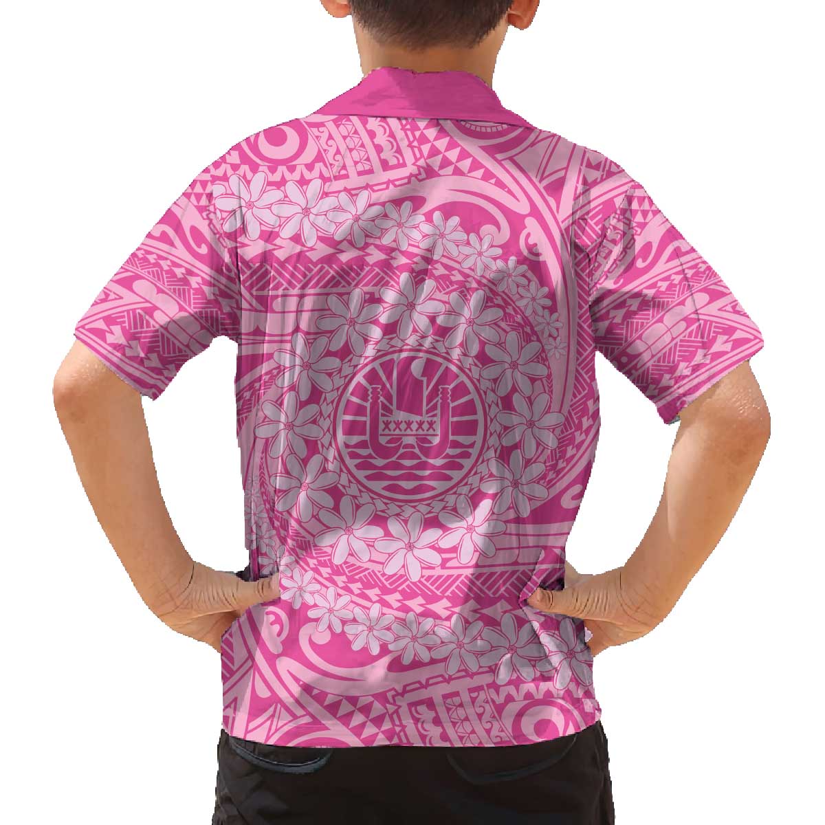 Tahitian Tiare Flower Family Matching Off Shoulder Short Dress and Hawaiian Shirt Pink Polynesian Pattern