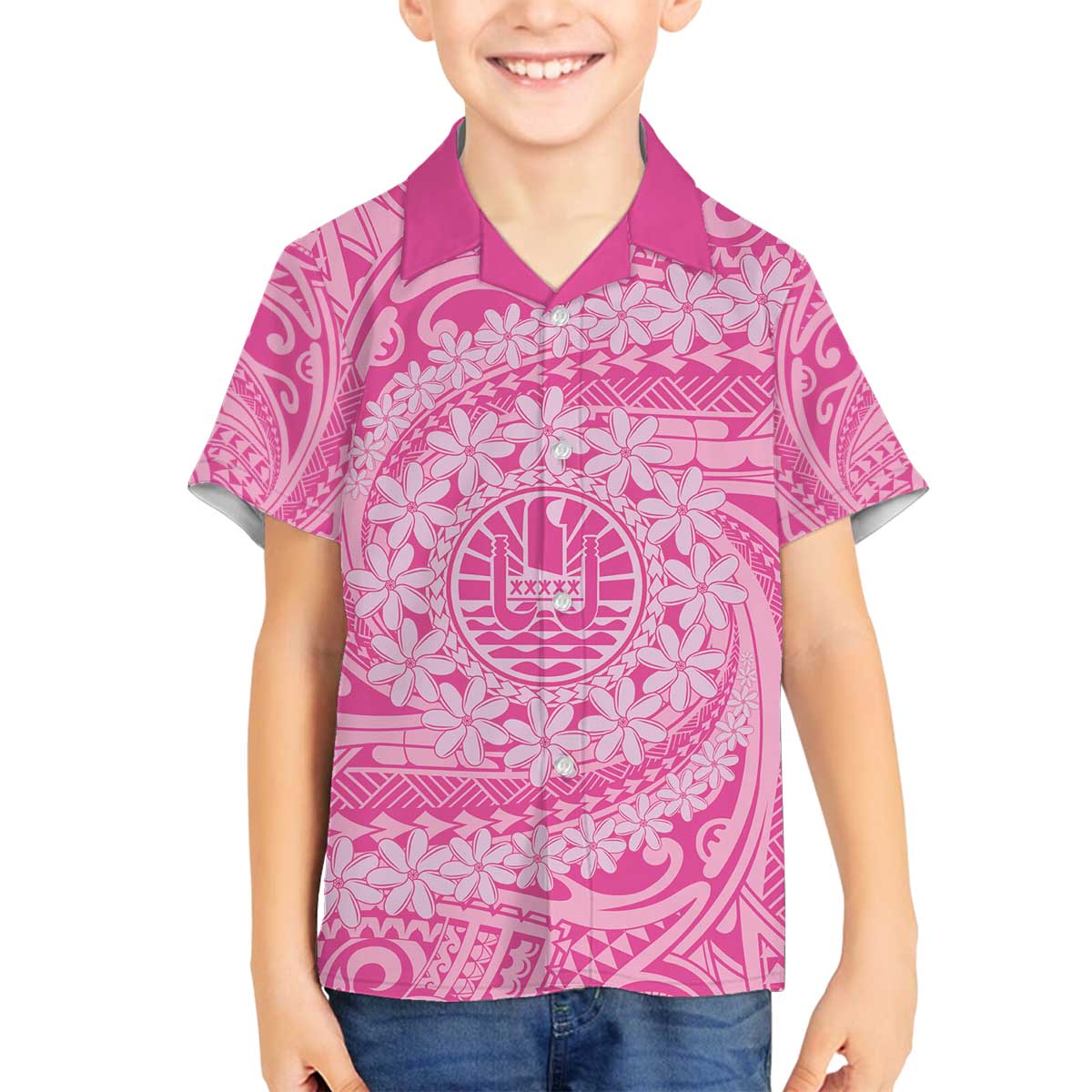 Tahitian Tiare Flower Family Matching Off Shoulder Short Dress and Hawaiian Shirt Pink Polynesian Pattern