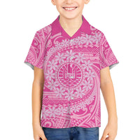 Tahitian Tiare Flower Family Matching Off Shoulder Short Dress and Hawaiian Shirt Pink Polynesian Pattern