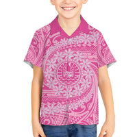 Tahitian Tiare Flower Family Matching Puletasi and Hawaiian Shirt Pink Polynesian Pattern