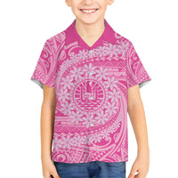 Tahitian Tiare Flower Family Matching Tank Maxi Dress and Hawaiian Shirt Pink Polynesian Pattern