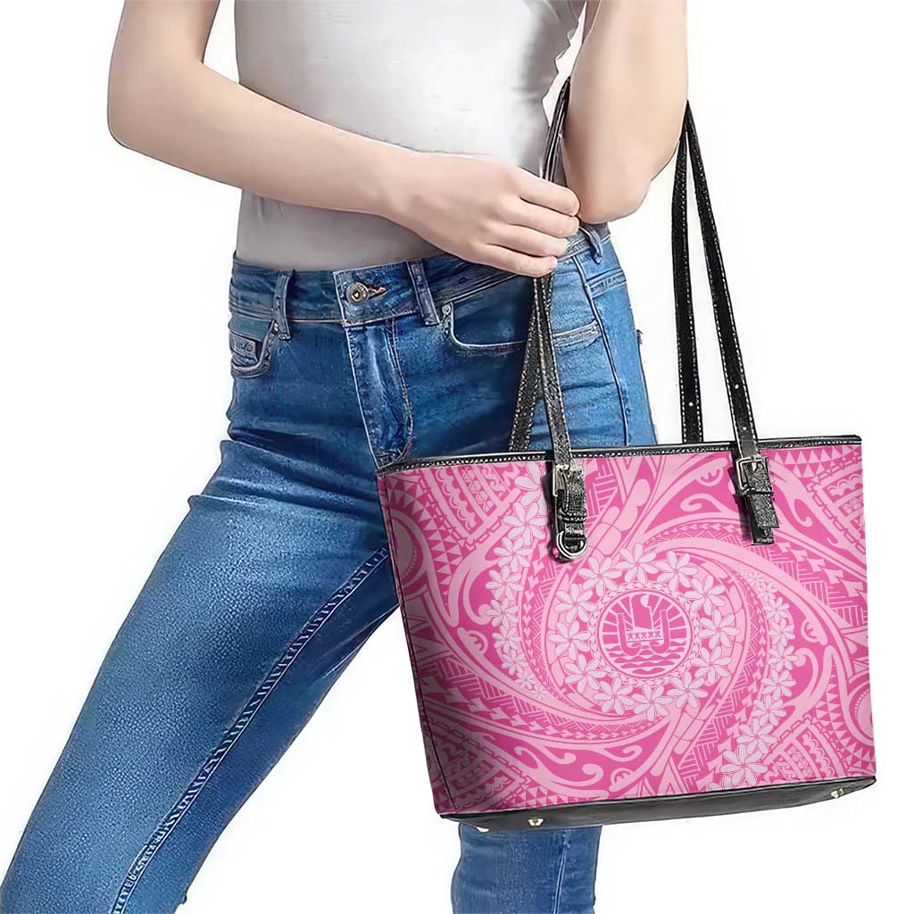 Tahitian Tiare Flower Leather Tote Bag Pink Polynesian Pattern