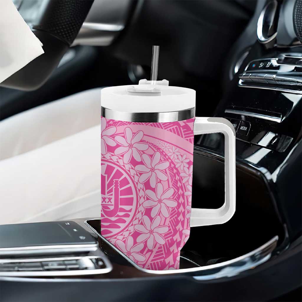 Tahitian Tiare Flower Tumbler With Handle Pink Polynesian Pattern