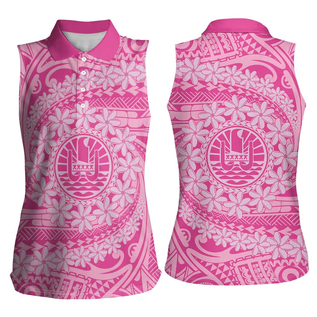Tahitian Tiare Flower Women Sleeveless Polo Shirt Pink Polynesian Pattern