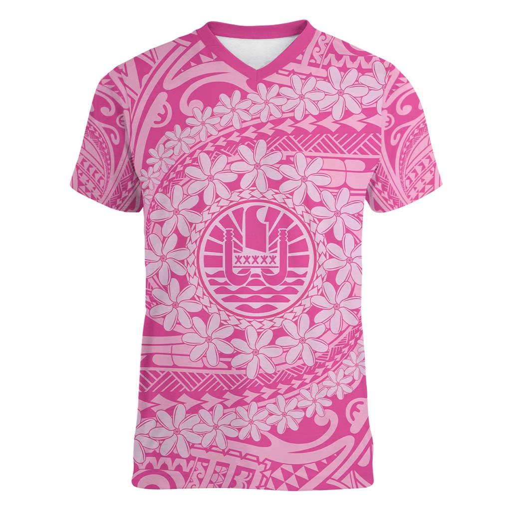 Tahitian Tiare Flower Women V-Neck T-Shirt Pink Polynesian Pattern LT9 Female Pink - Polynesian Pride
