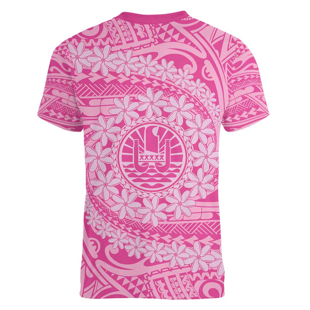 Tahitian Tiare Flower Women V-Neck T-Shirt Pink Polynesian Pattern LT9 - Polynesian Pride