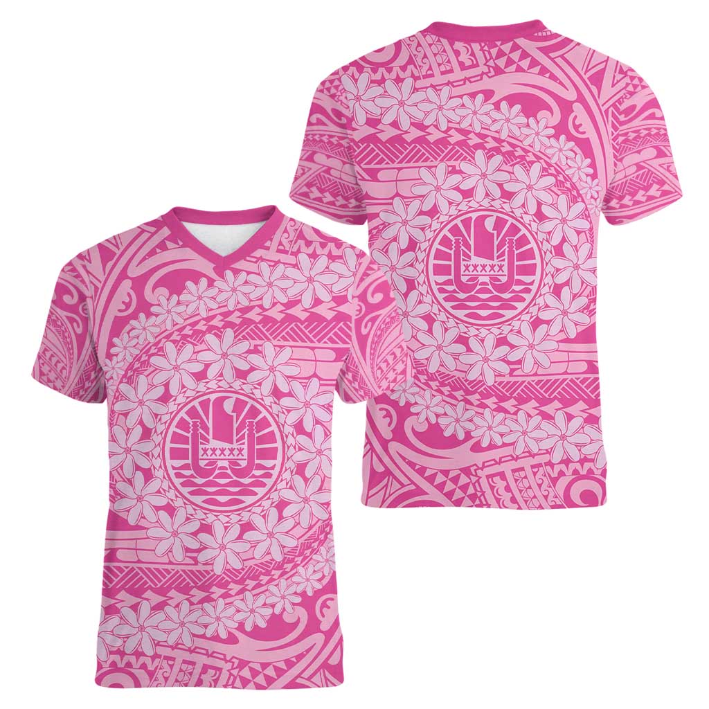 Tahitian Tiare Flower Women V-Neck T-Shirt Pink Polynesian Pattern LT9 - Polynesian Pride