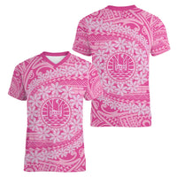 Tahitian Tiare Flower Women V-Neck T-Shirt Pink Polynesian Pattern LT9 - Polynesian Pride