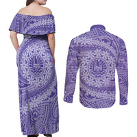 Tahitian Tiare Flower Couples Matching Off Shoulder Maxi Dress and Long Sleeve Button Shirt Violet Polynesian Pattern