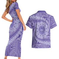 Tahitian Tiare Flower Couples Matching Short Sleeve Bodycon Dress and Hawaiian Shirt Violet Polynesian Pattern