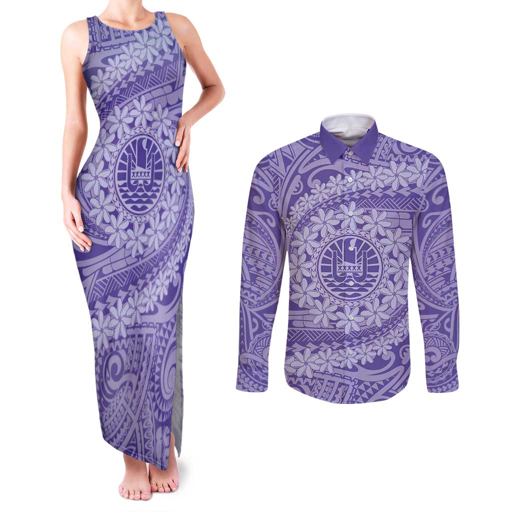 Tahitian Tiare Flower Couples Matching Tank Maxi Dress and Long Sleeve Button Shirt Violet Polynesian Pattern