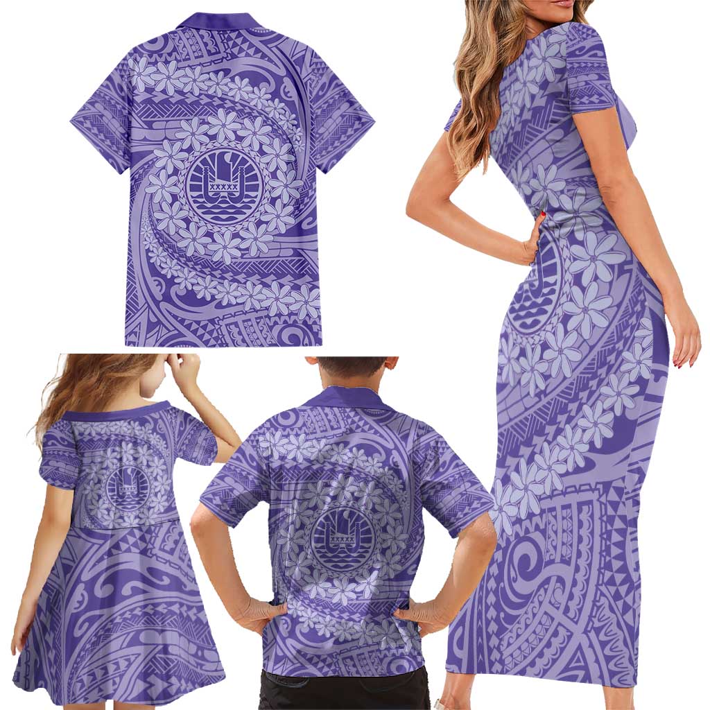 Tahitian Tiare Flower Family Matching Short Sleeve Bodycon Dress and Hawaiian Shirt Violet Polynesian Pattern