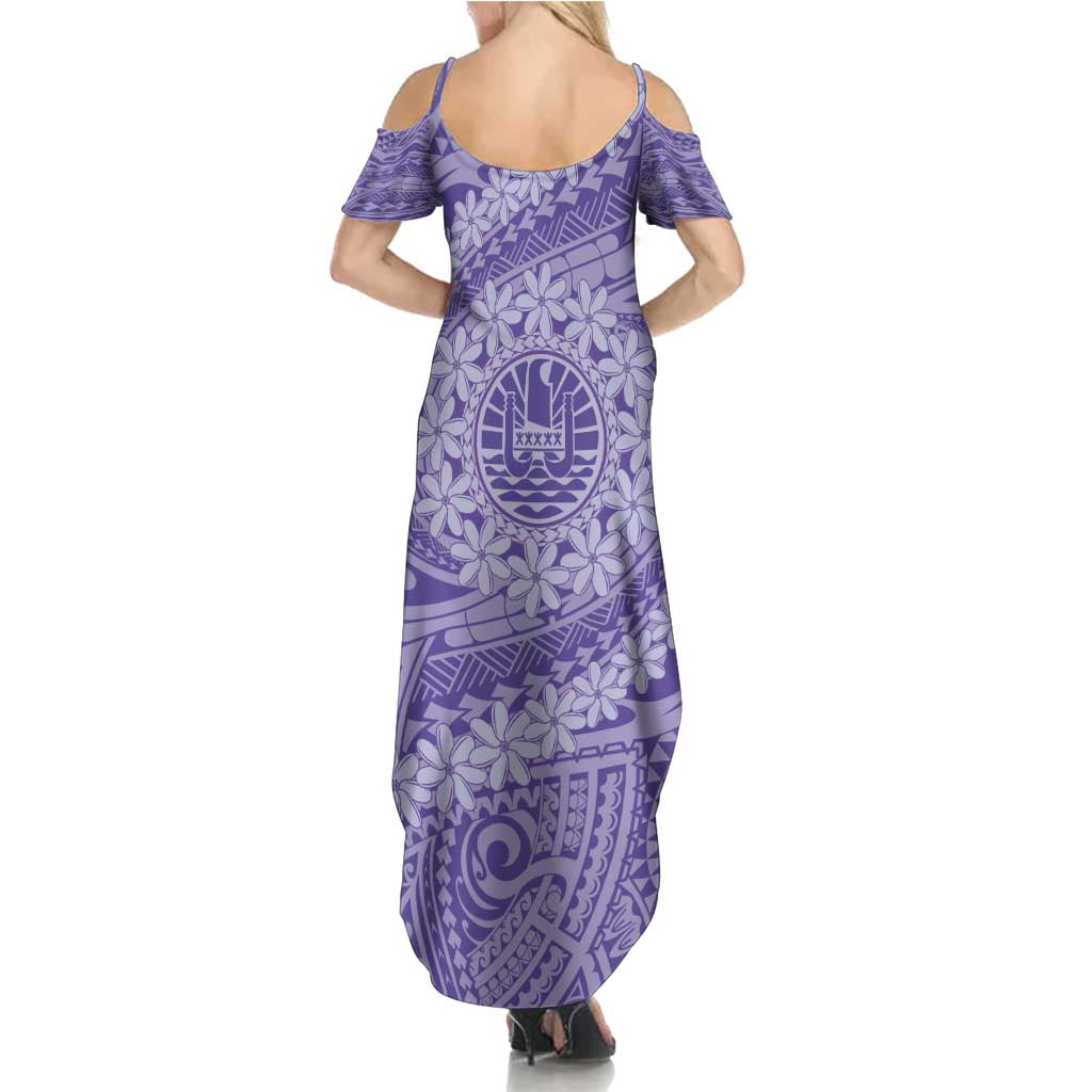 Tahitian Tiare Flower Family Matching Summer Maxi Dress and Hawaiian Shirt Violet Polynesian Pattern