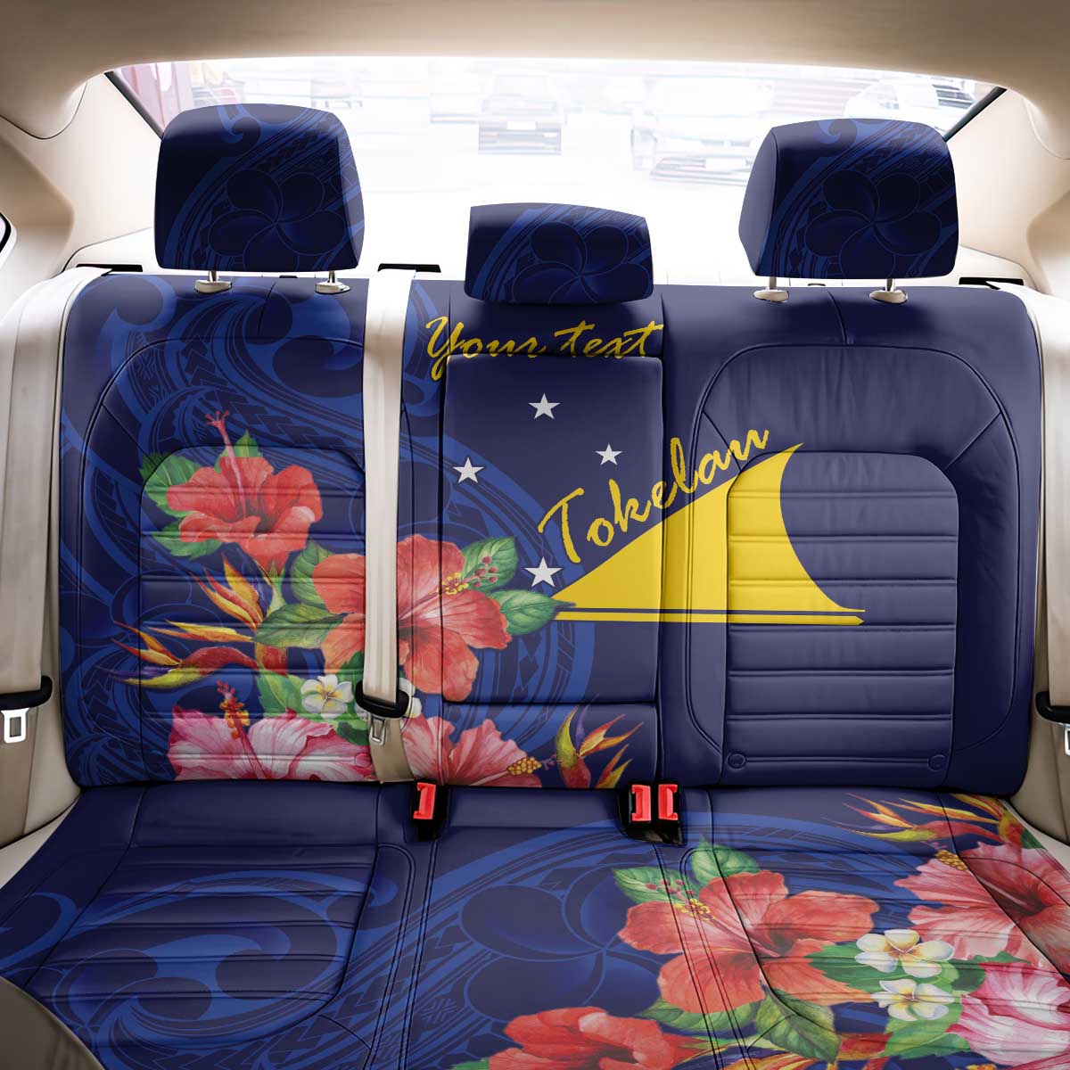 Personalised Tokelau Tropical Hibiscus Back Car Seat Cover With Polynesian Plumeria Tattoo