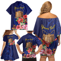 Personalised Tokelau Tropical Hibiscus Family Matching Off Shoulder Short Dress and Hawaiian Shirt With Polynesian Plumeria Tattoo