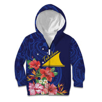 Personalised Tokelau Tropical Hibiscus Kid Hoodie With Polynesian Plumeria Tattoo LT9 Zip Hoodie Blue - Polynesian Pride