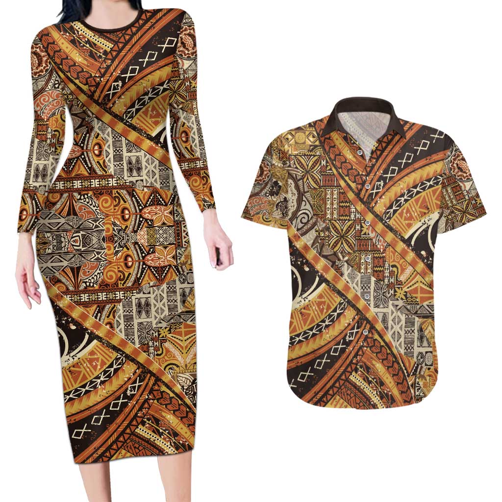Hawaiian Style Tapa Couples Matching Long Sleeve Bodycon Dress and Hawaiian Shirt Vintage Seamless Pattern - Polynesian Pride