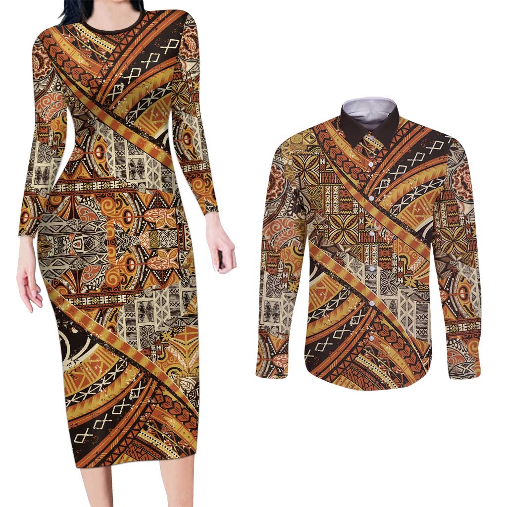 Hawaiian Style Tapa Couples Matching Long Sleeve Bodycon Dress and Long Sleeve Button Shirt Vintage Seamless Pattern - Polynesian Pride