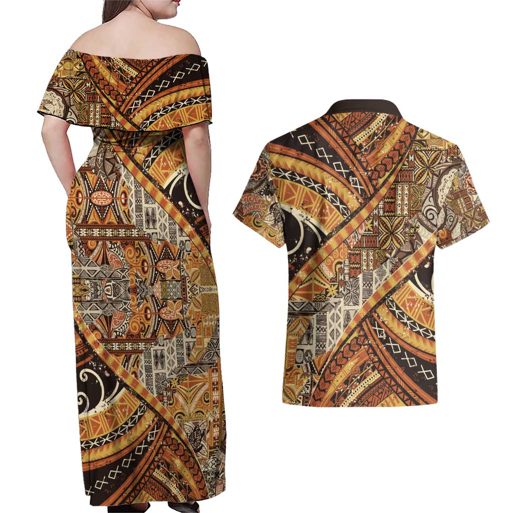 Hawaiian Style Tapa Couples Matching Off Shoulder Maxi Dress and Hawaiian Shirt Vintage Seamless Pattern - Polynesian Pride