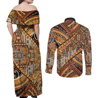 Hawaiian Style Tapa Couples Matching Off Shoulder Maxi Dress and Long Sleeve Button Shirt Vintage Seamless Pattern - Polynesian Pride