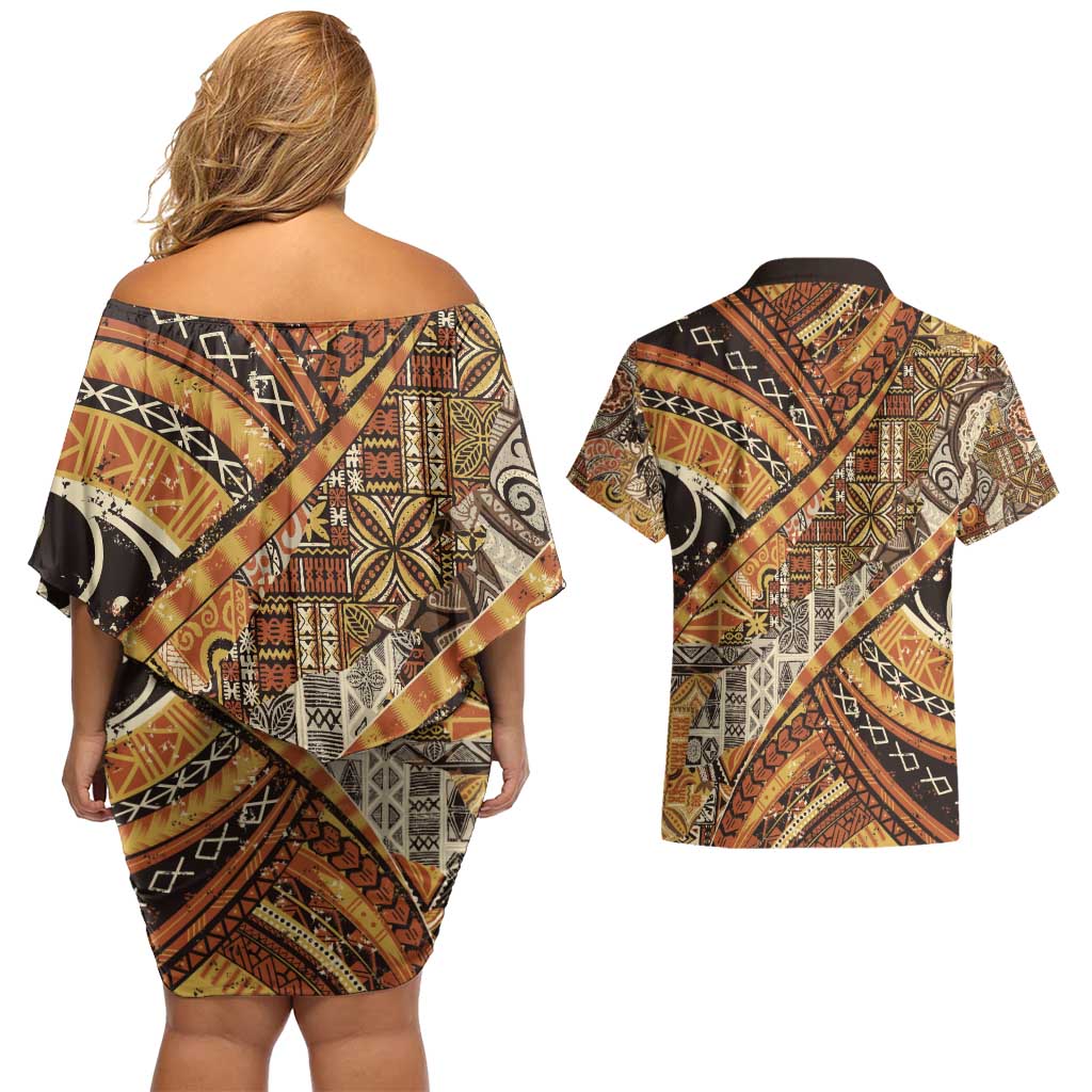 Hawaiian Style Tapa Couples Matching Off Shoulder Short Dress and Hawaiian Shirt Vintage Seamless Pattern - Polynesian Pride