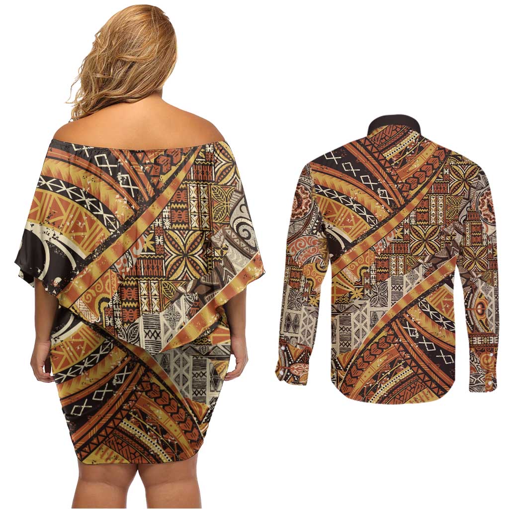 Hawaiian Style Tapa Couples Matching Off Shoulder Short Dress and Long Sleeve Button Shirt Vintage Seamless Pattern - Polynesian Pride