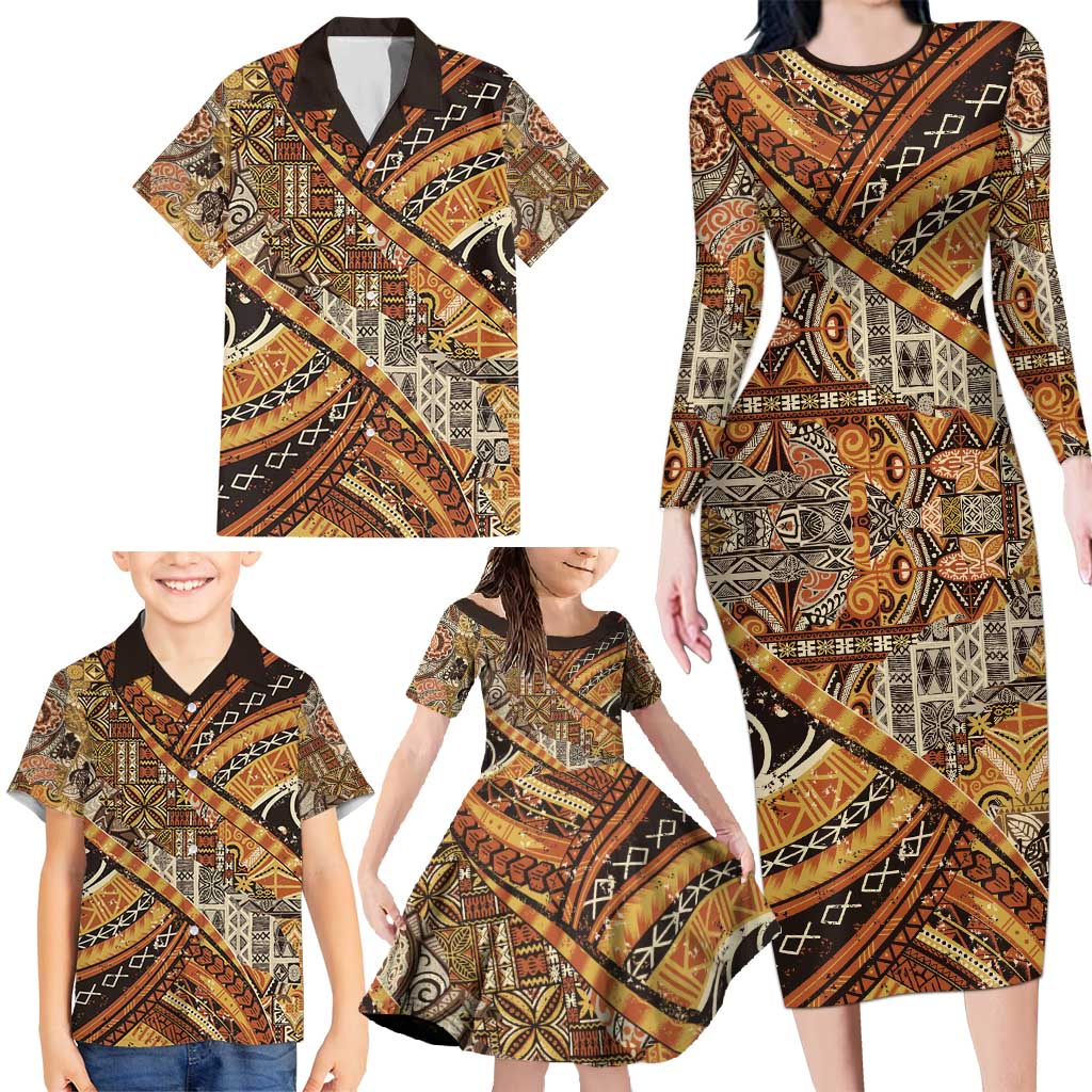 Hawaiian Style Tapa Family Matching Long Sleeve Bodycon Dress and Hawaiian Shirt Vintage Seamless Pattern - Polynesian Pride